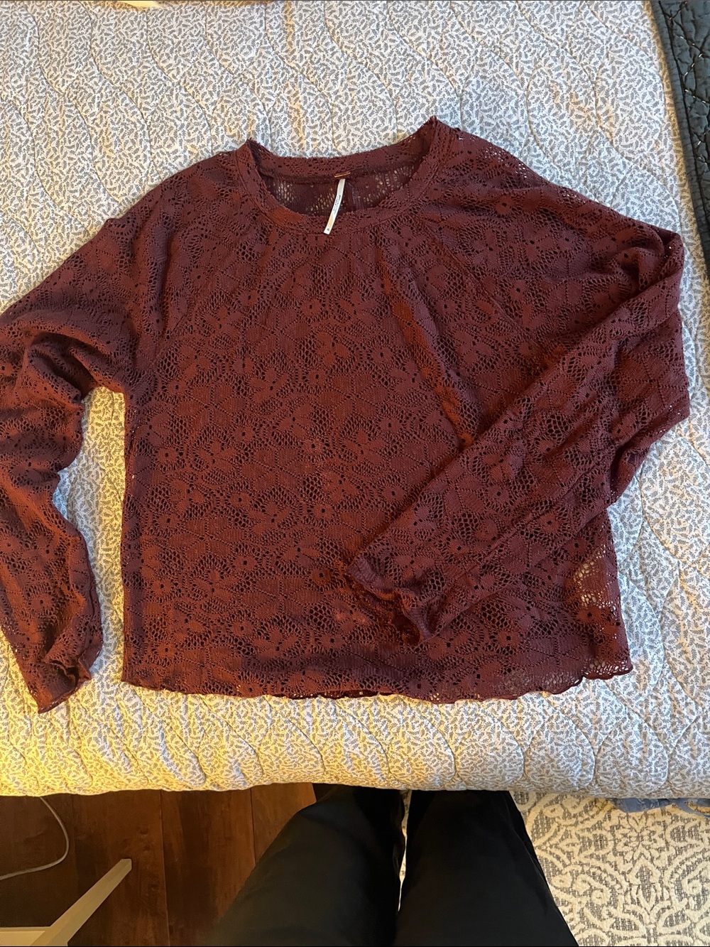 Free People! burgundy lace top. Slightly cropped. Just the right amount of sheer
